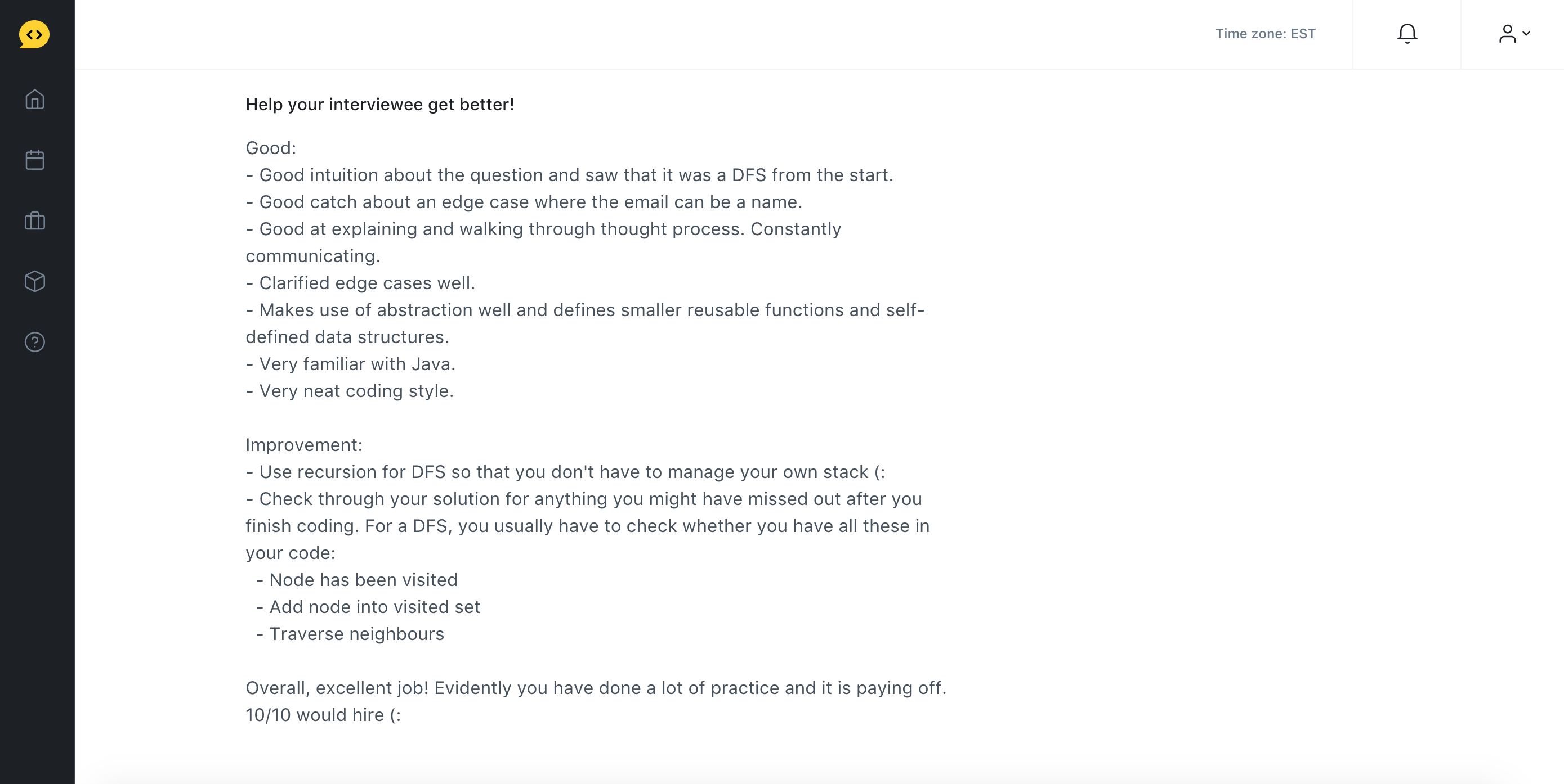 Sample interviewing.io Feedback